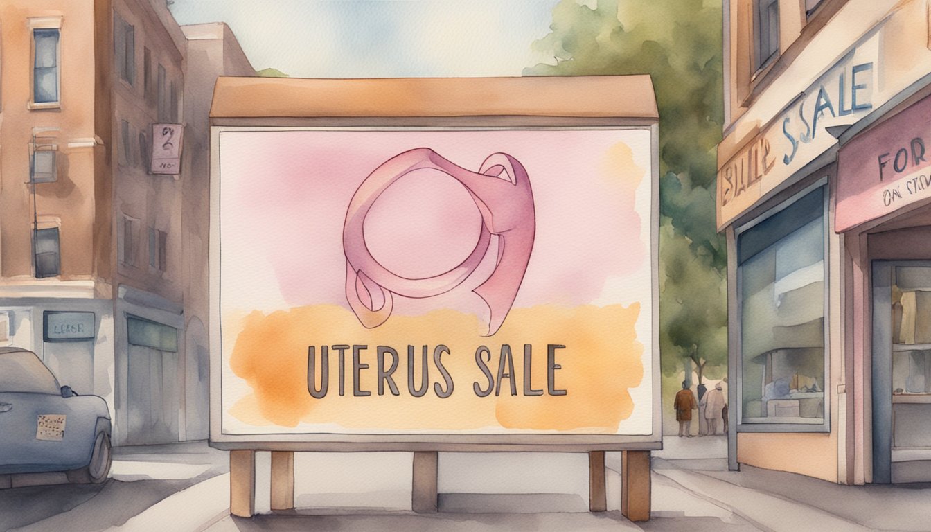 A sign reading "Uterus for Sale" with a crossed-out pregnant belly symbol.</p><p>Ethical and legal texts in the background