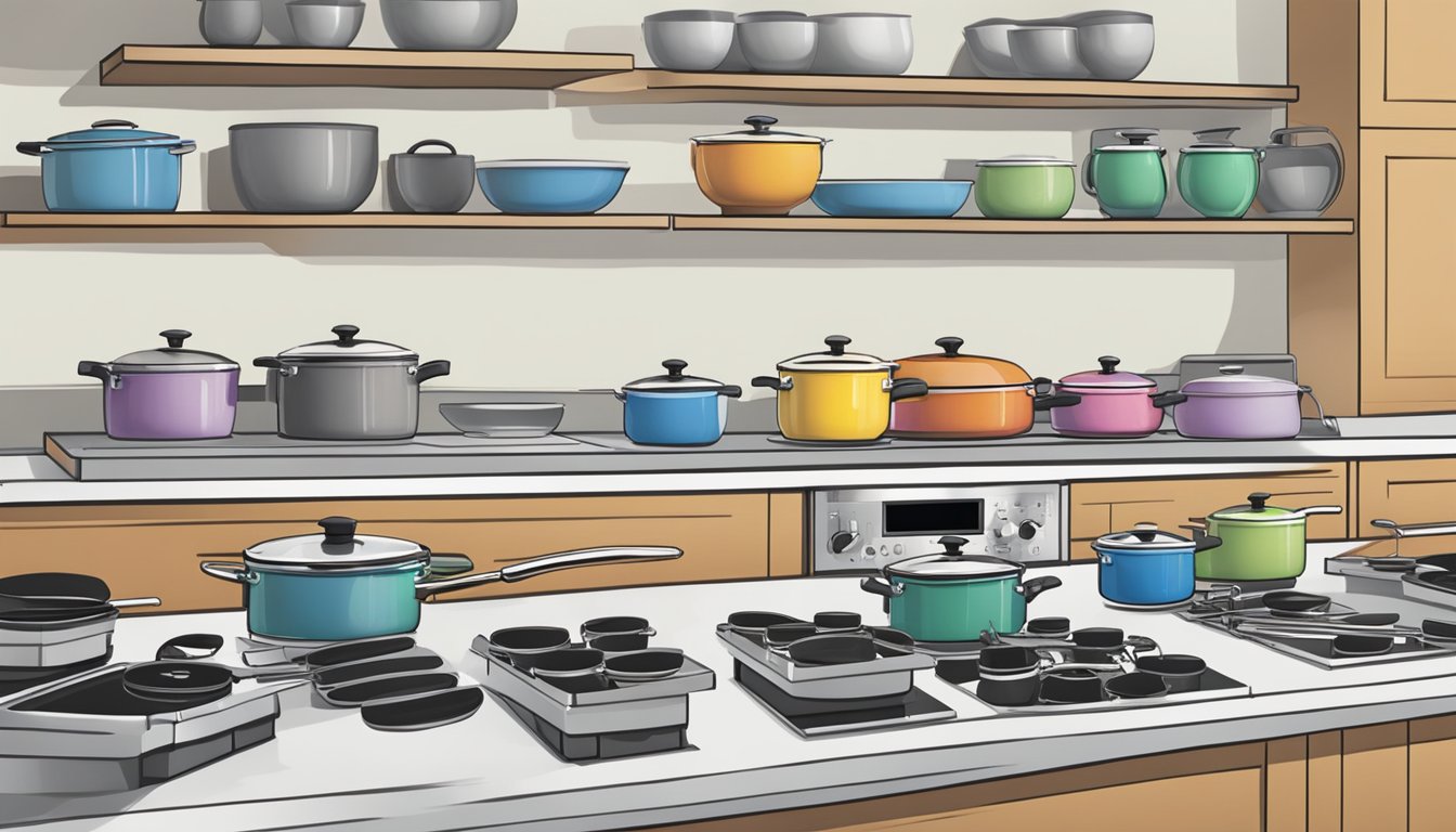 A kitchen counter with various induction pots and pans on display in a Singapore store