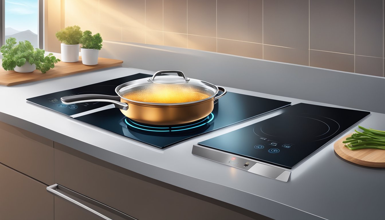 A modern kitchen with an induction pot on a sleek, glass stovetop. The pot is emitting a soft glow as it heats up, with steam rising from the top