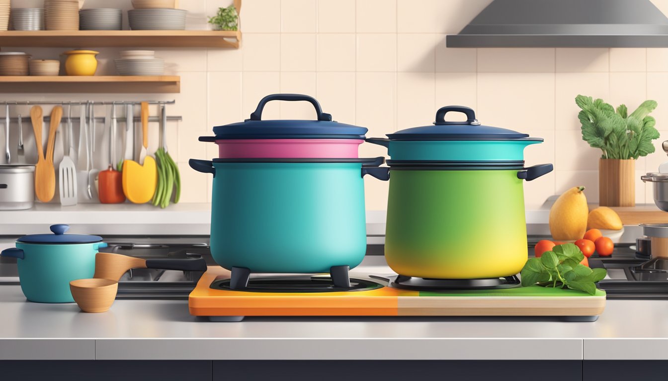 A colorful induction pot with a sleek design sits on a modern kitchen stove in Singapore. The pot is surrounded by various cooking utensils and ingredients, creating a vibrant and inviting scene