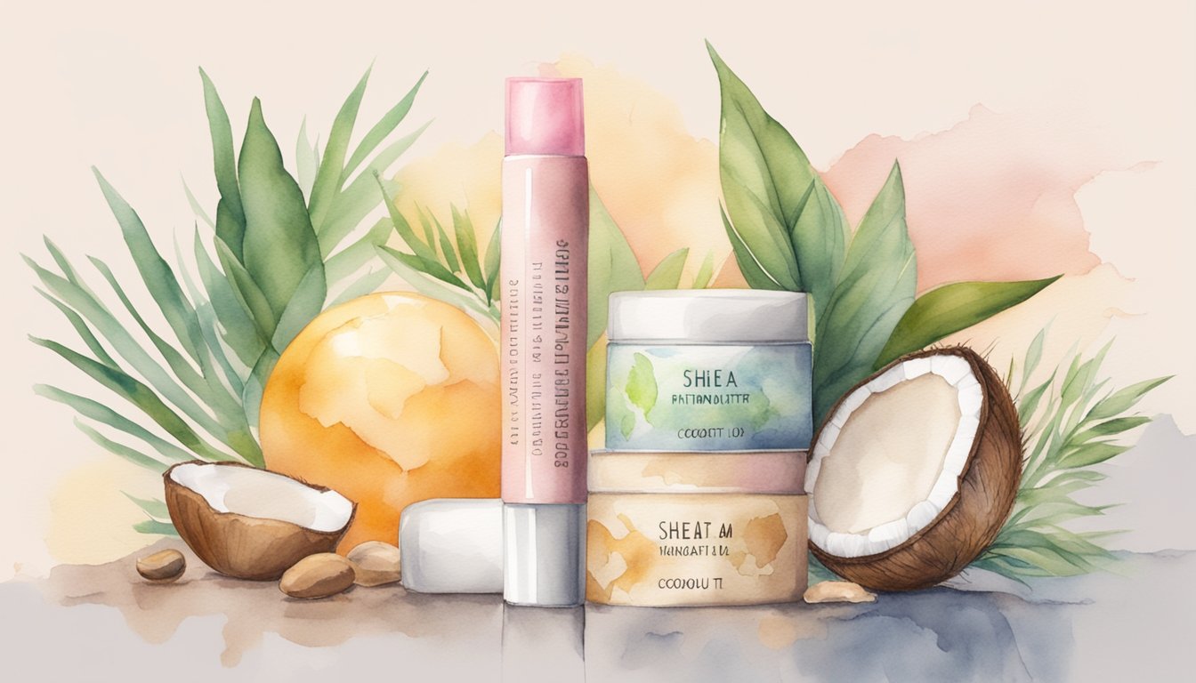 A tube of lip balm surrounded by various hydrating ingredients like shea butter and coconut oil, with a background of cracked, dry lips