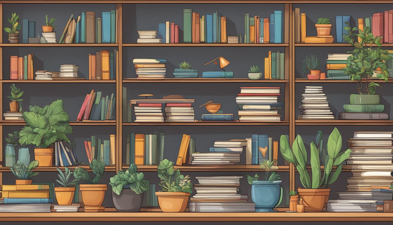 A cluttered table top shelf with scattered books, a potted plant, and various knick-knacks