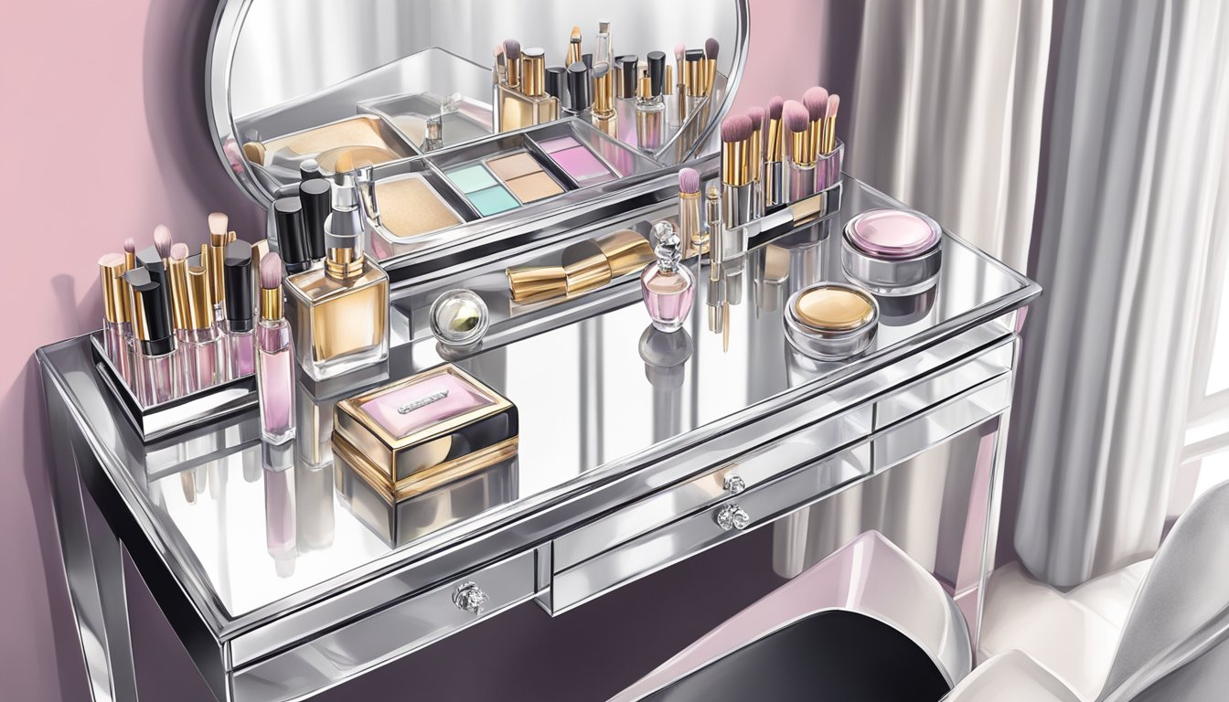 A sleek vanity desk with a large mirror, adorned with elegant perfume bottles, a jewelry box, and a crystal tray holding makeup brushes and compacts