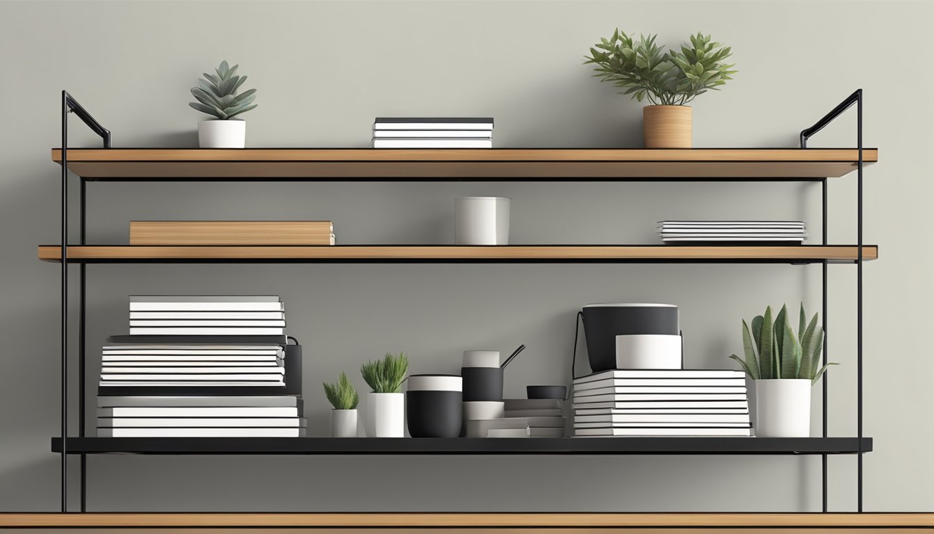 A sleek, modern table top shelf with clean lines and minimalist design, featuring a combination of wood and metal materials for a contemporary aesthetic