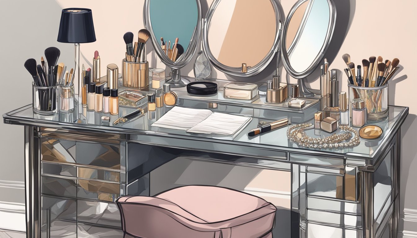 A cluttered vanity desk with a mirror, makeup products, brushes, and jewelry scattered across the surface. A chair is pulled up to the desk, with a soft, elegant fabric draped over it