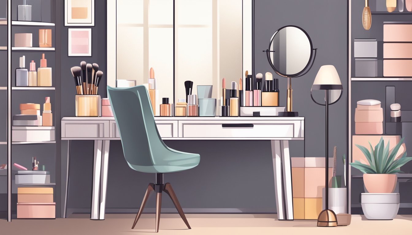 A well-organized vanity desk with a mirror, makeup brushes, and neatly arranged beauty products. A comfortable chair and good lighting complete the inviting setup