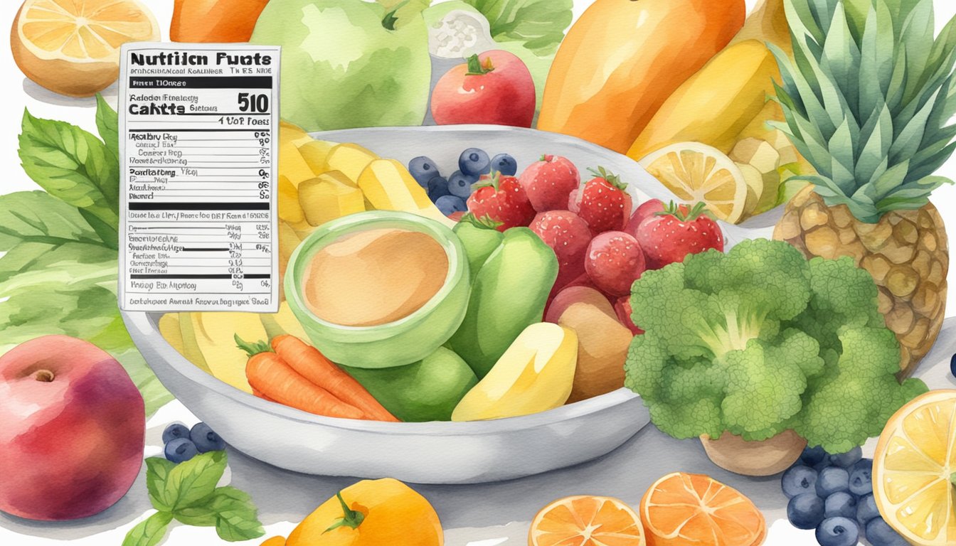 A scoop of low carb protein powder surrounded by fresh fruits and vegetables, with a nutritional label and benefits list in the background