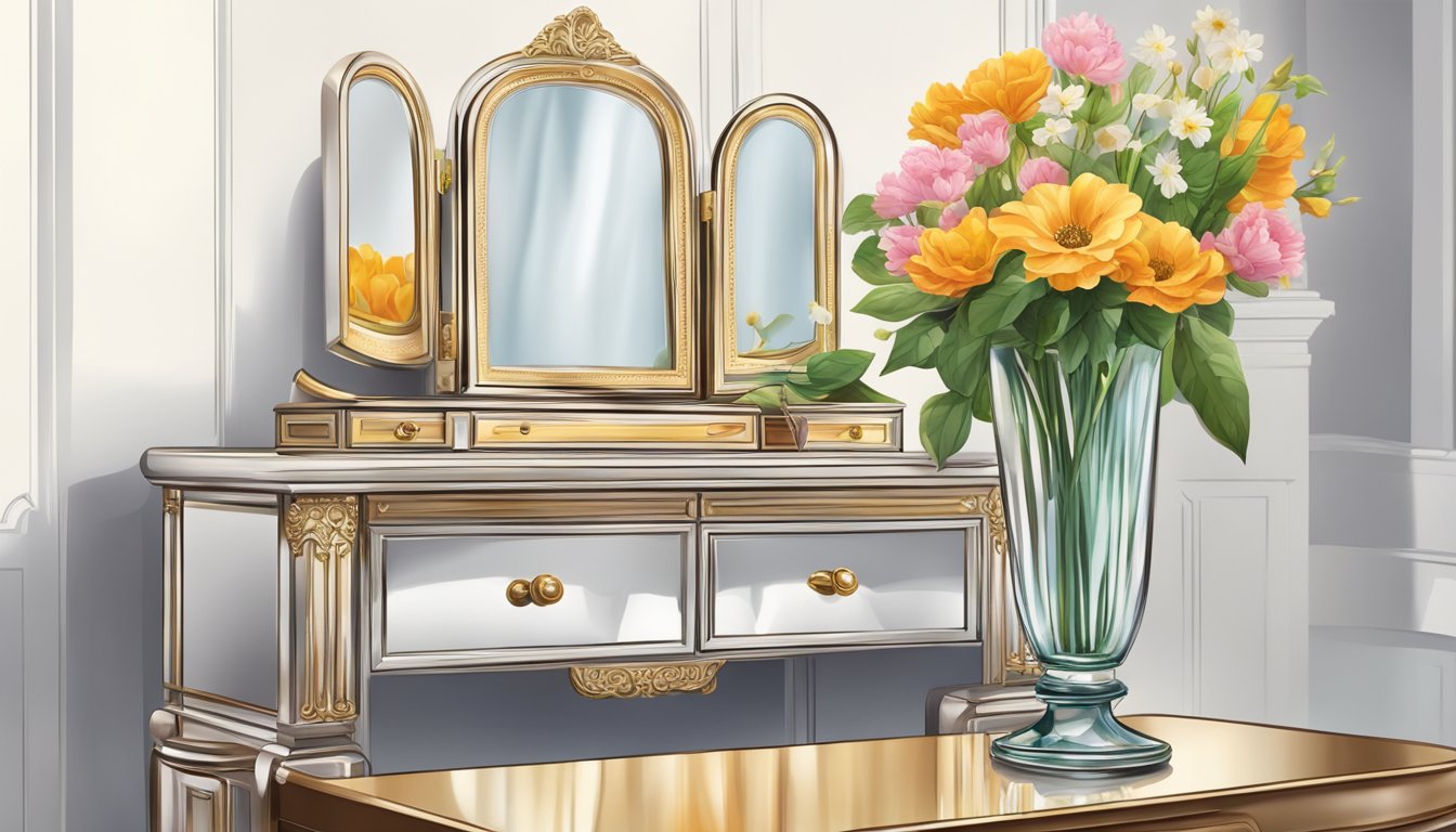 A dressing table mirror reflects a vase of flowers and a jewelry box