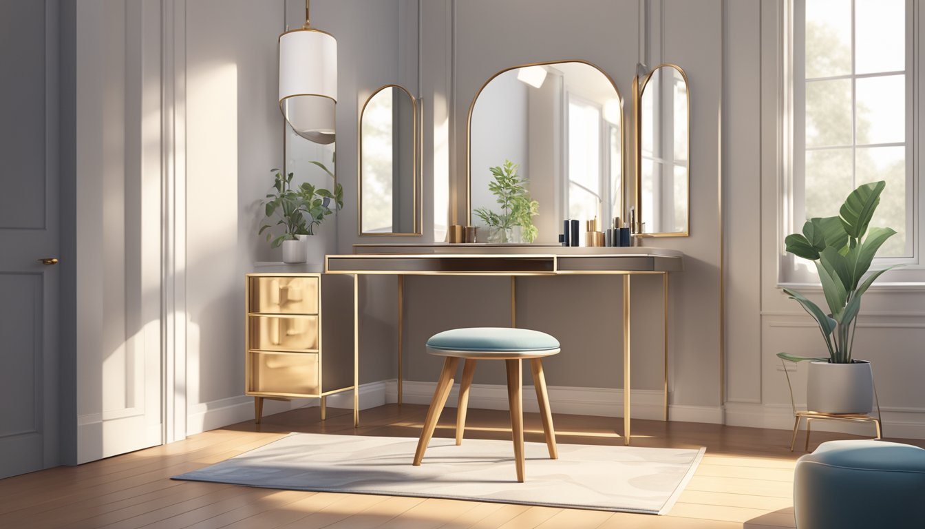 A sleek vanity desk with a mirror, drawers, and a chair in a well-lit room