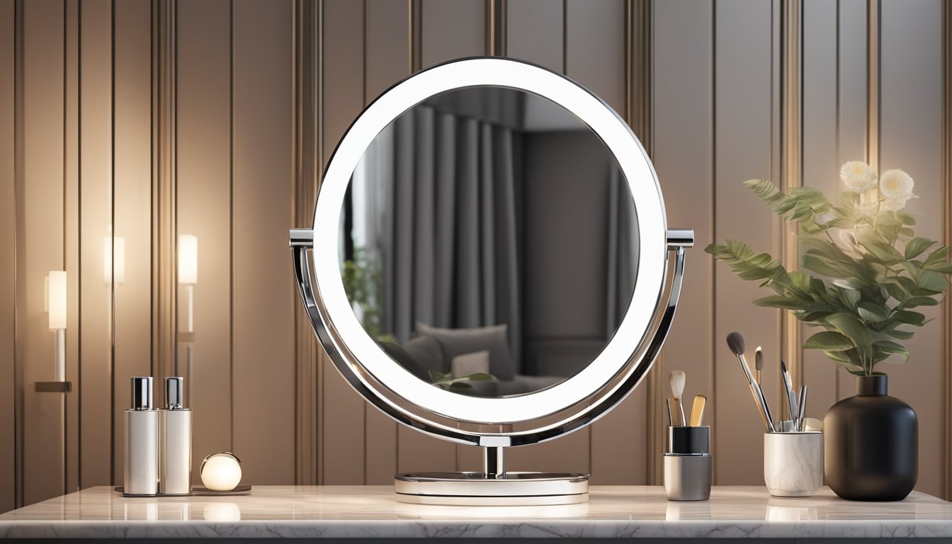 A sleek, modern dressing table mirror with a chrome frame and a marble base sits on a polished wooden surface, reflecting the soft glow of the room's ambient lighting