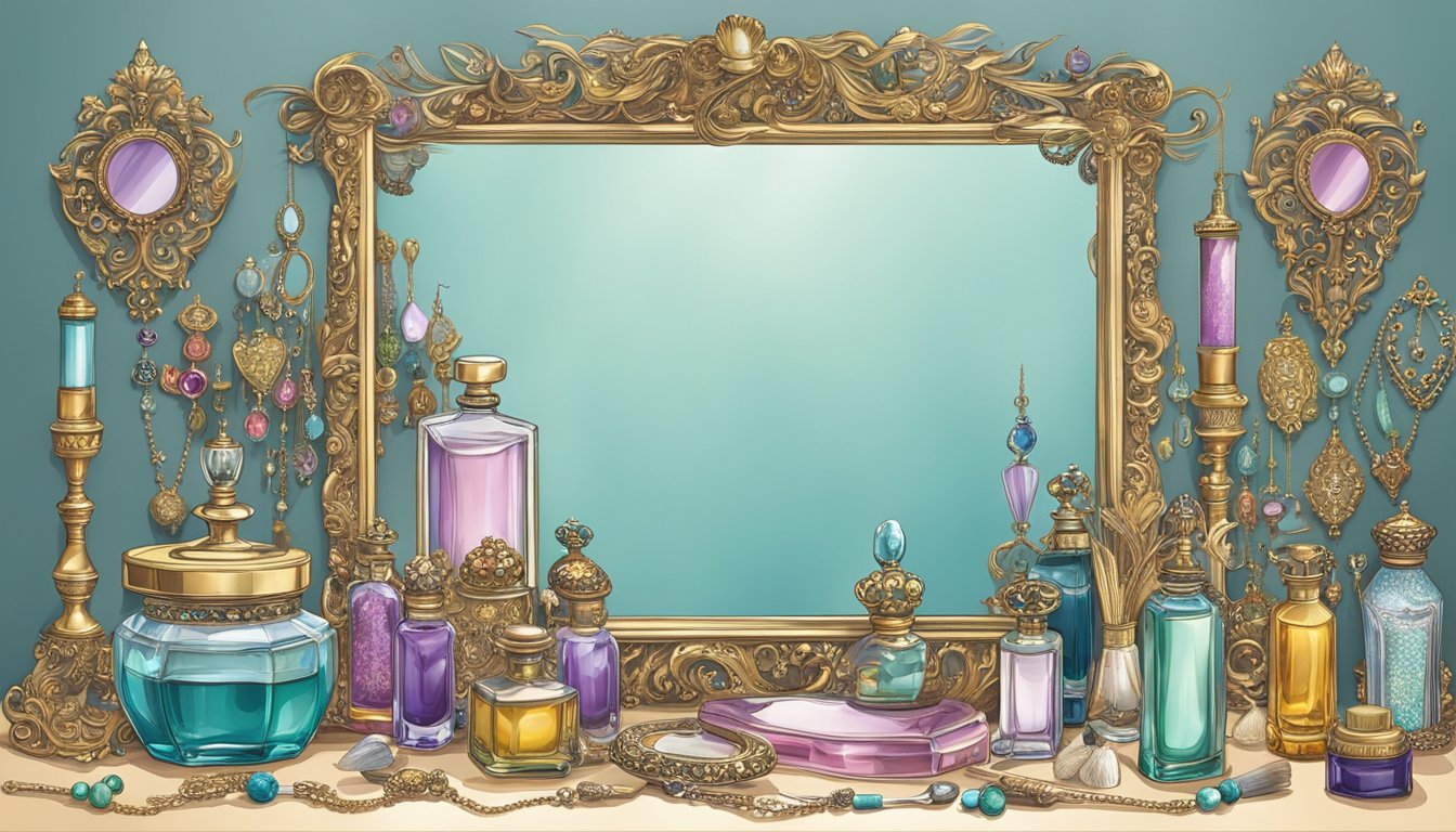 A dressing table mirror reflects a cluttered surface with perfume bottles, brushes, and jewelry. The mirror frame is ornate with intricate detailing