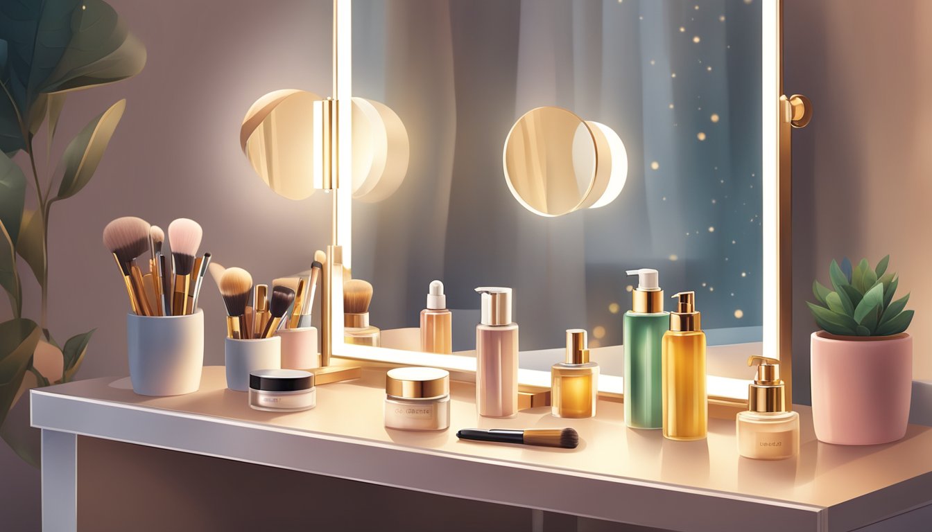 A dressing table mirror reflects various beauty products and a soft, warm light, creating a cozy and inviting atmosphere