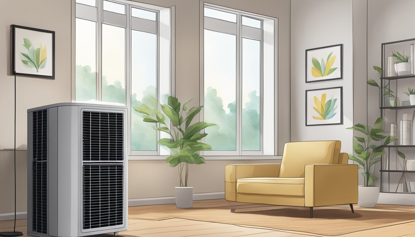 A modern air conditioning unit hums quietly as it cools a room, with energy-efficient features highlighted