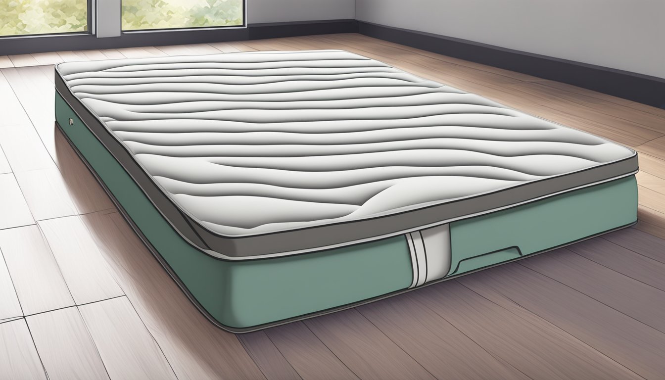 A queen size folding mattress lays open on a clean, uncluttered floor, ready for use