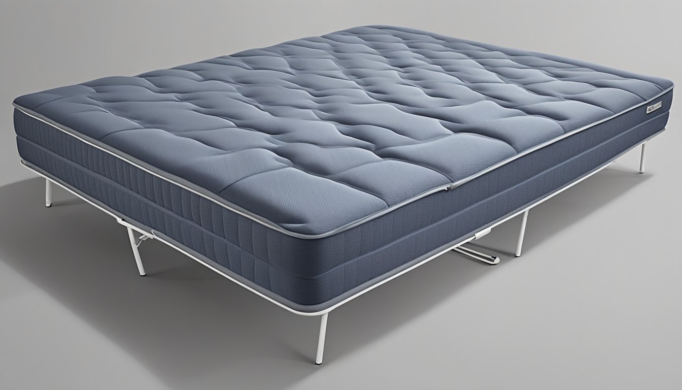 A queen size folding mattress lays flat on a metal frame. It is covered in soft, durable fabric and features a thick, comfortable foam filling