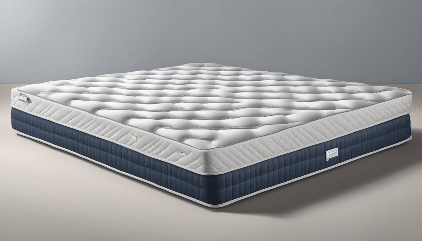 A queen size folding mattress surrounded by question marks and a spotlight