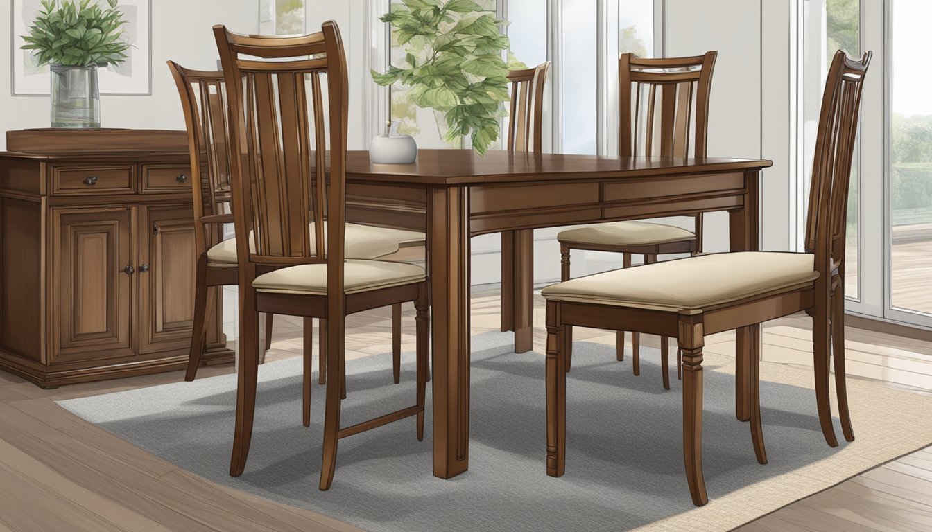 A wooden dining chair, 18 inches wide and 36 inches tall, with a cushioned seat and a high backrest, placed at a rectangular table