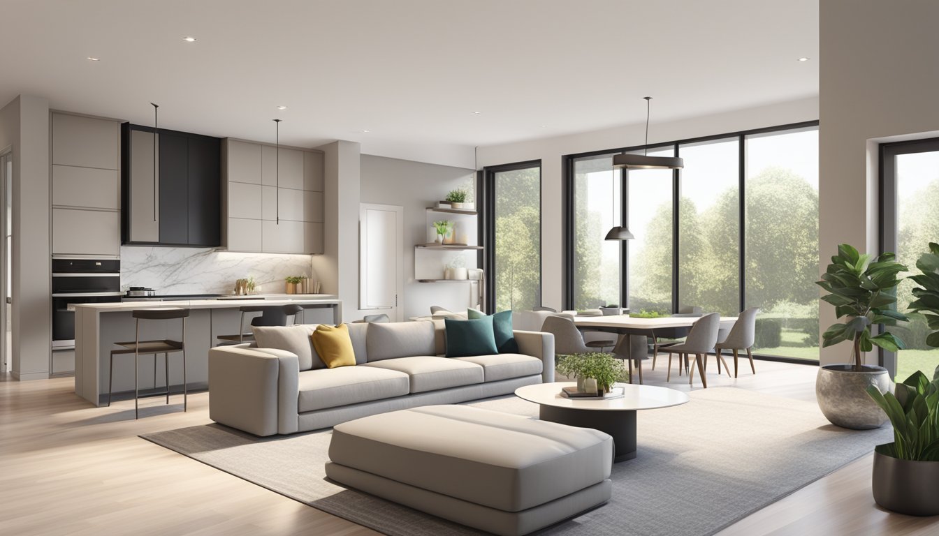A modern living room with minimalist furniture, large windows, and neutral colors. A sleek, open kitchen with stainless steel appliances and marble countertops