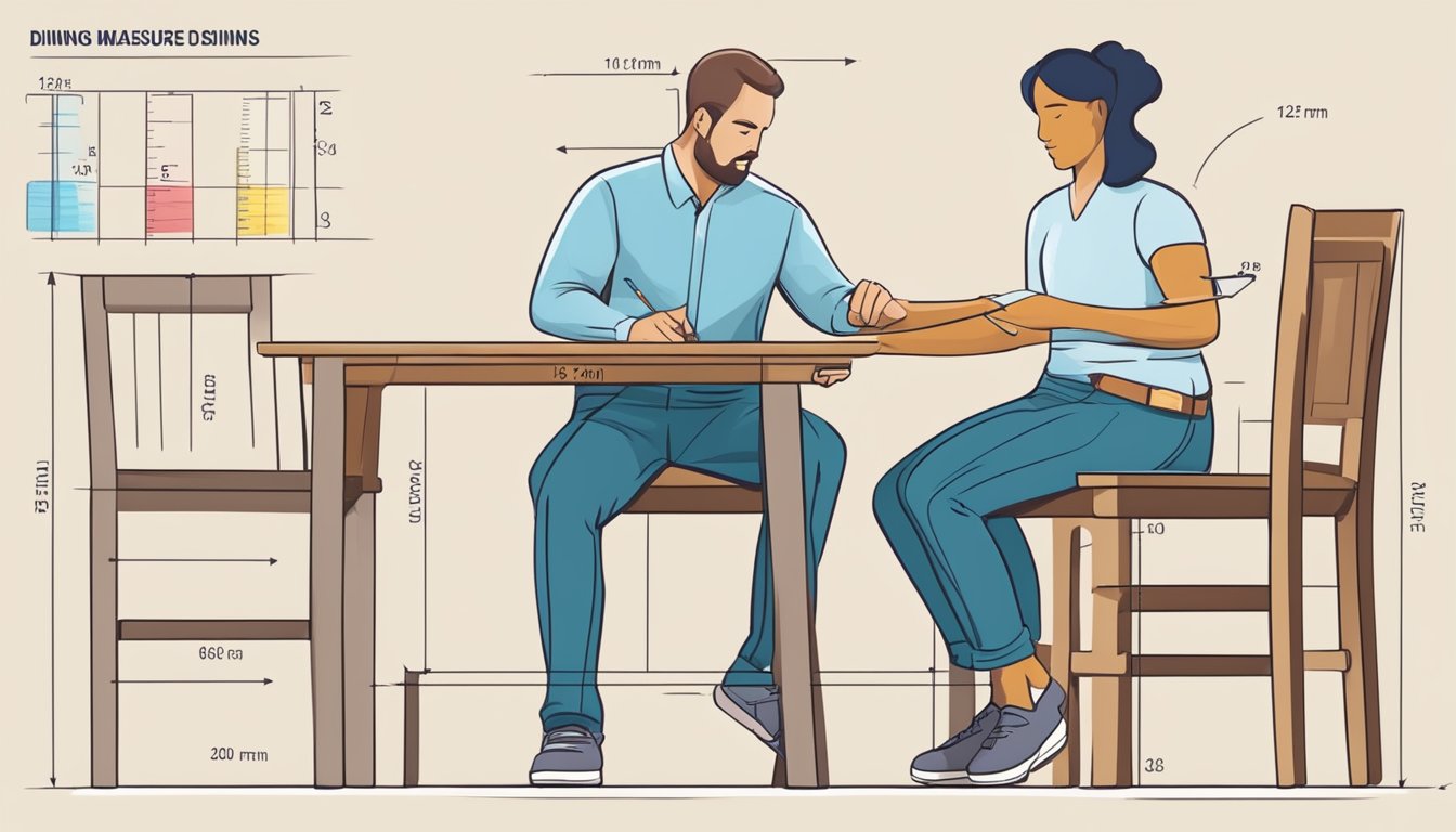 A person measures dining chair dimensions with a tape measure and compares them to a chart