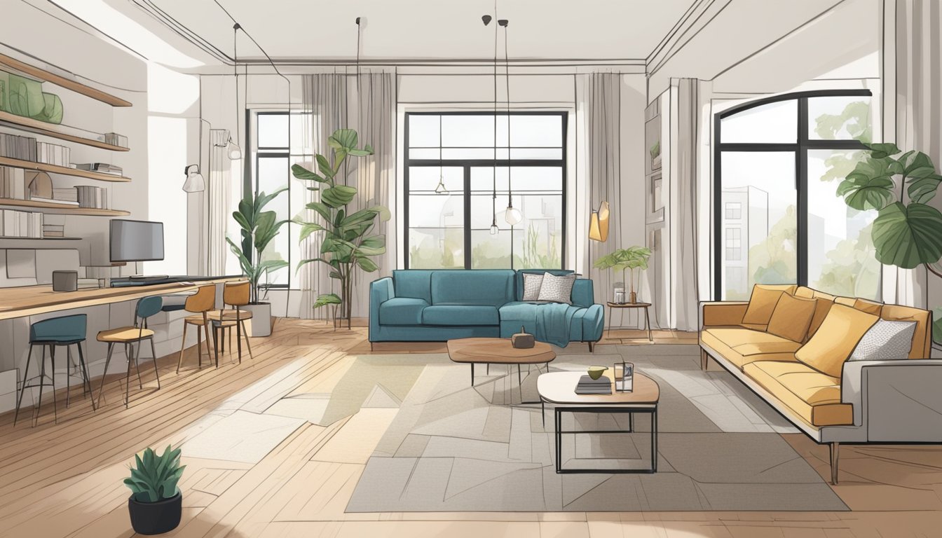 A designer sketches a floor plan, selects color swatches, and arranges furniture in a spacious, well-lit room