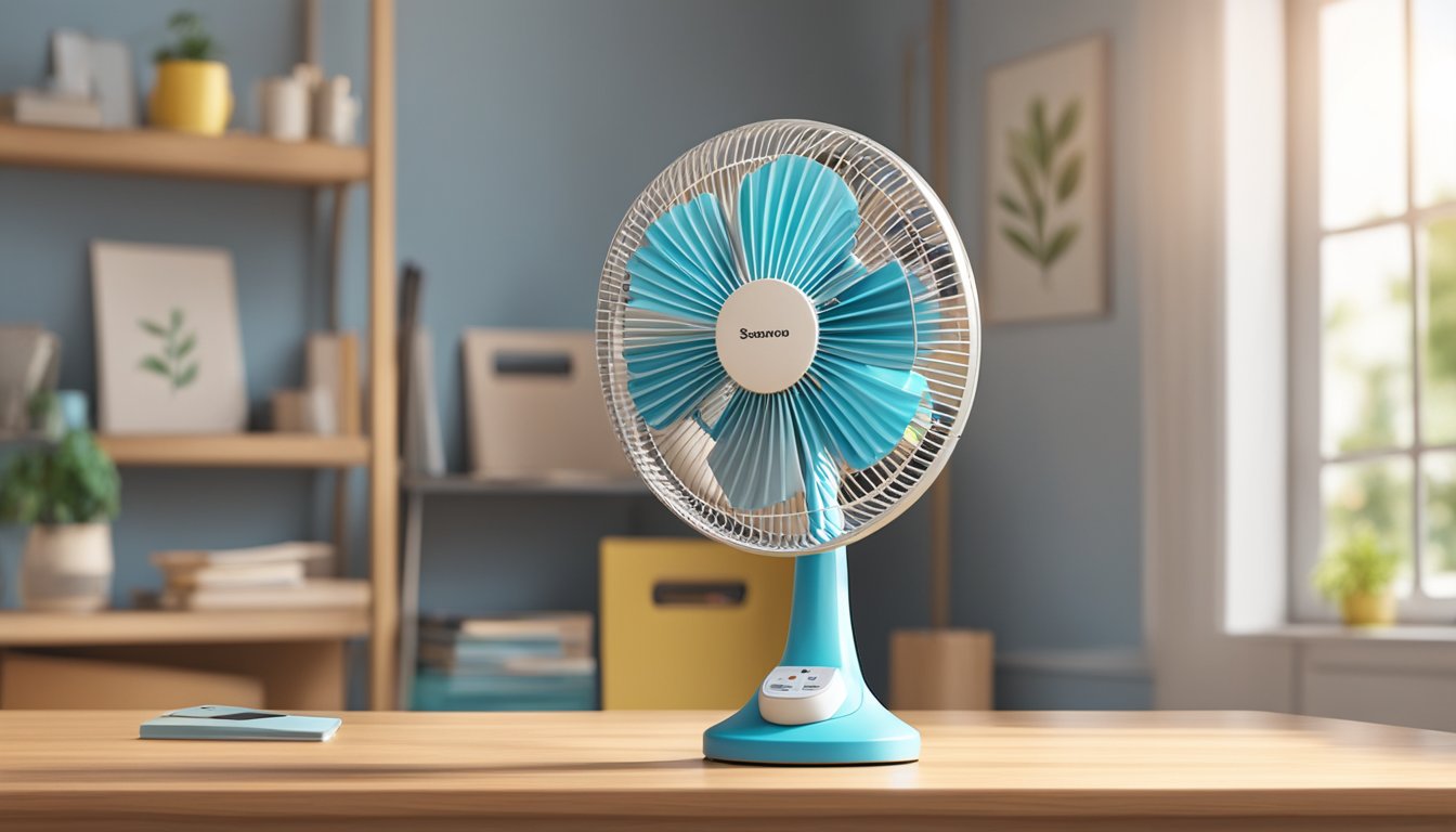 A table fan sits on a wooden table in a bright room, with a price tag of $50 displayed next to it