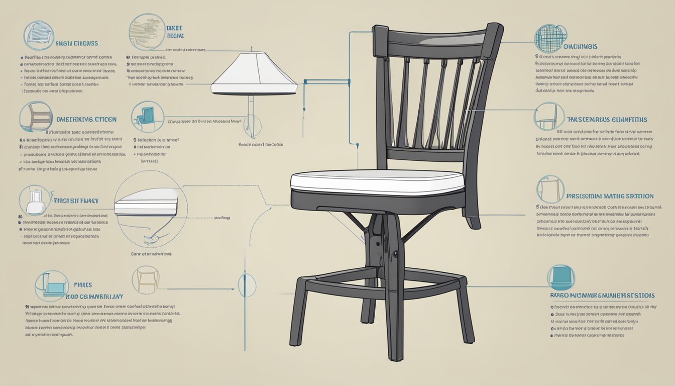 A dining chair with dimensions labeled and a list of frequently asked questions surrounding it
