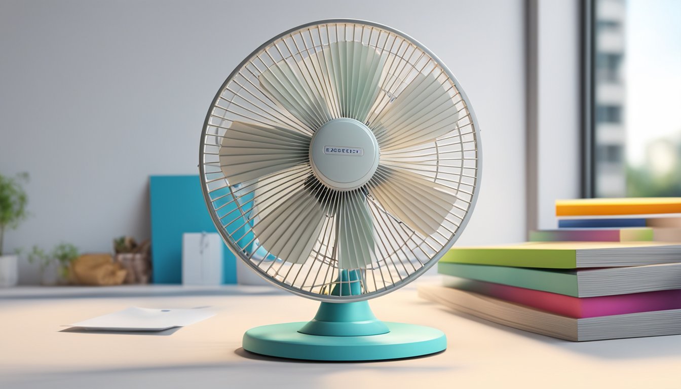 A table fan sits on a white surface in a brightly lit room in Singapore, with a price tag displayed prominently