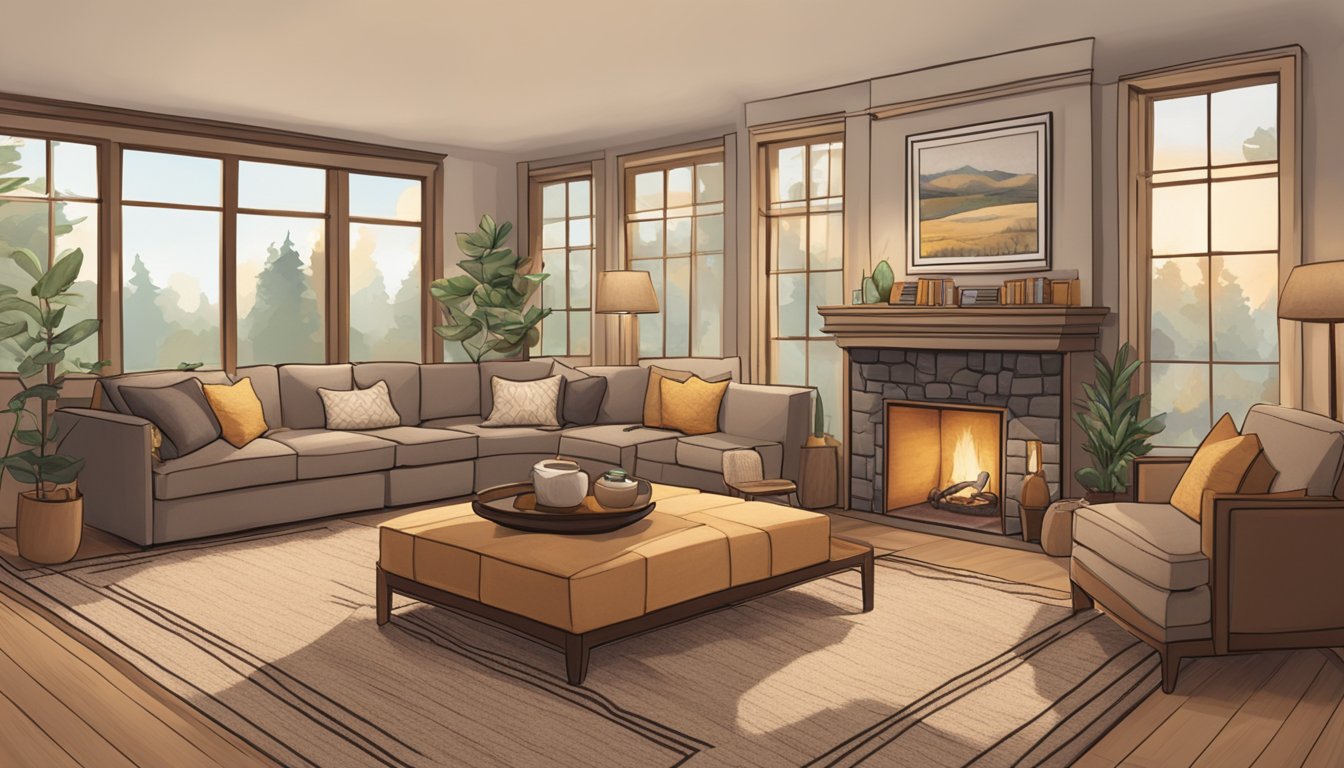 A cozy living room with soft, earth-toned furniture, warm lighting, and plush rugs. A crackling fireplace adds ambiance, while large windows bring in natural light