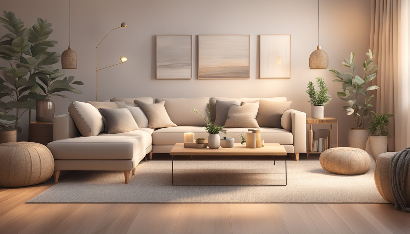 A cozy living room with soft, neutral tones. A comfortable sofa, fluffy pillows, and warm lighting create a peaceful atmosphere