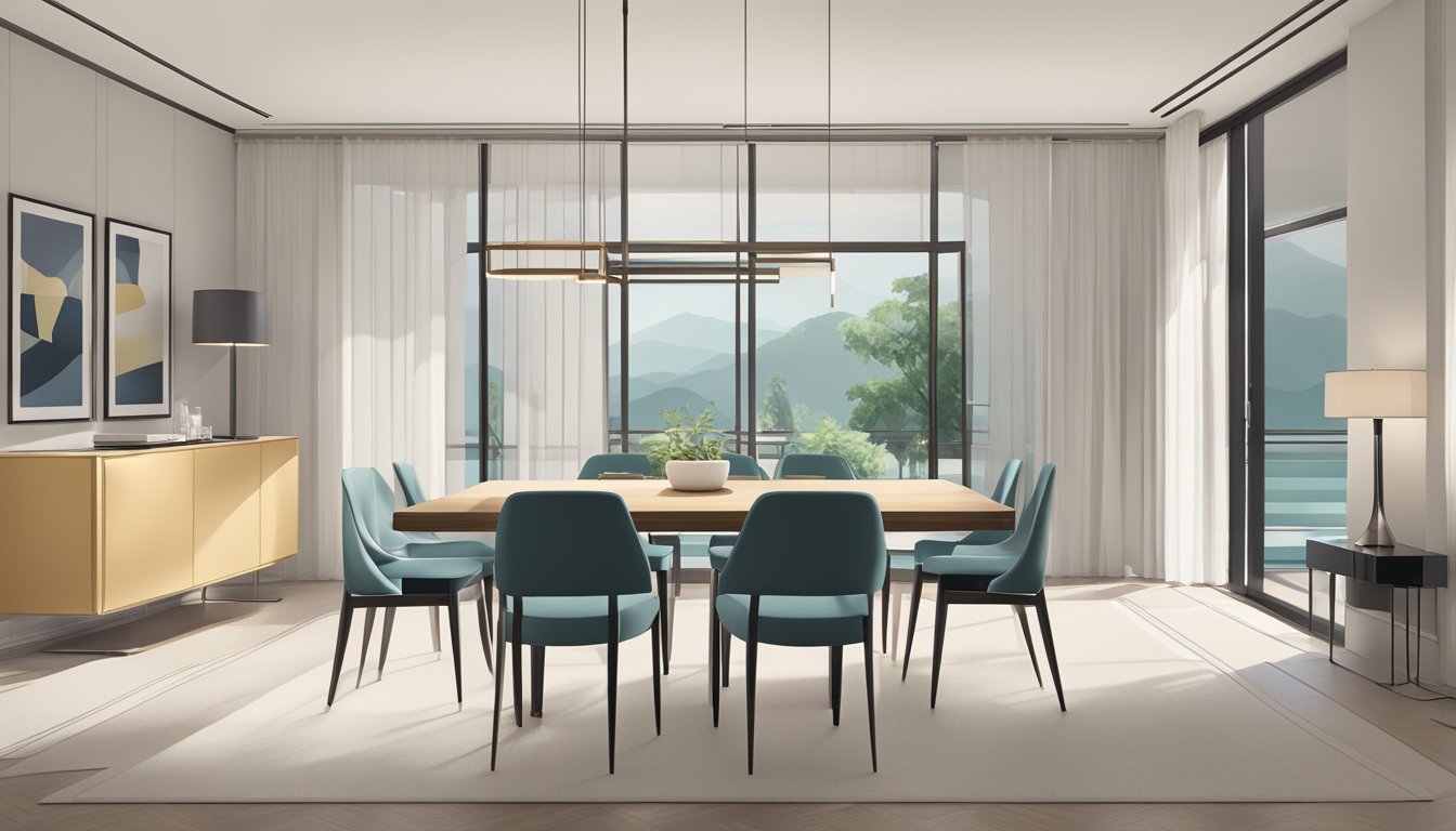 A sleek, minimalist dining chair set against a backdrop of contemporary interior design, with clean lines and a touch of Asian influence