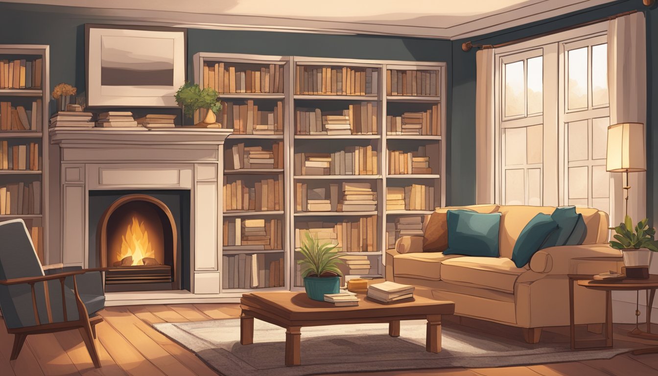 A cozy living room with warm lighting, plush furniture, and soft textures. A crackling fireplace adds a comforting ambiance, while a bookshelf filled with well-loved novels invites relaxation