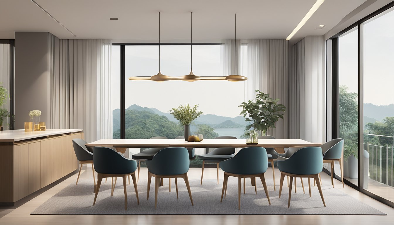 A sleek, minimalist dining room with contemporary chairs in a stylish Singapore setting