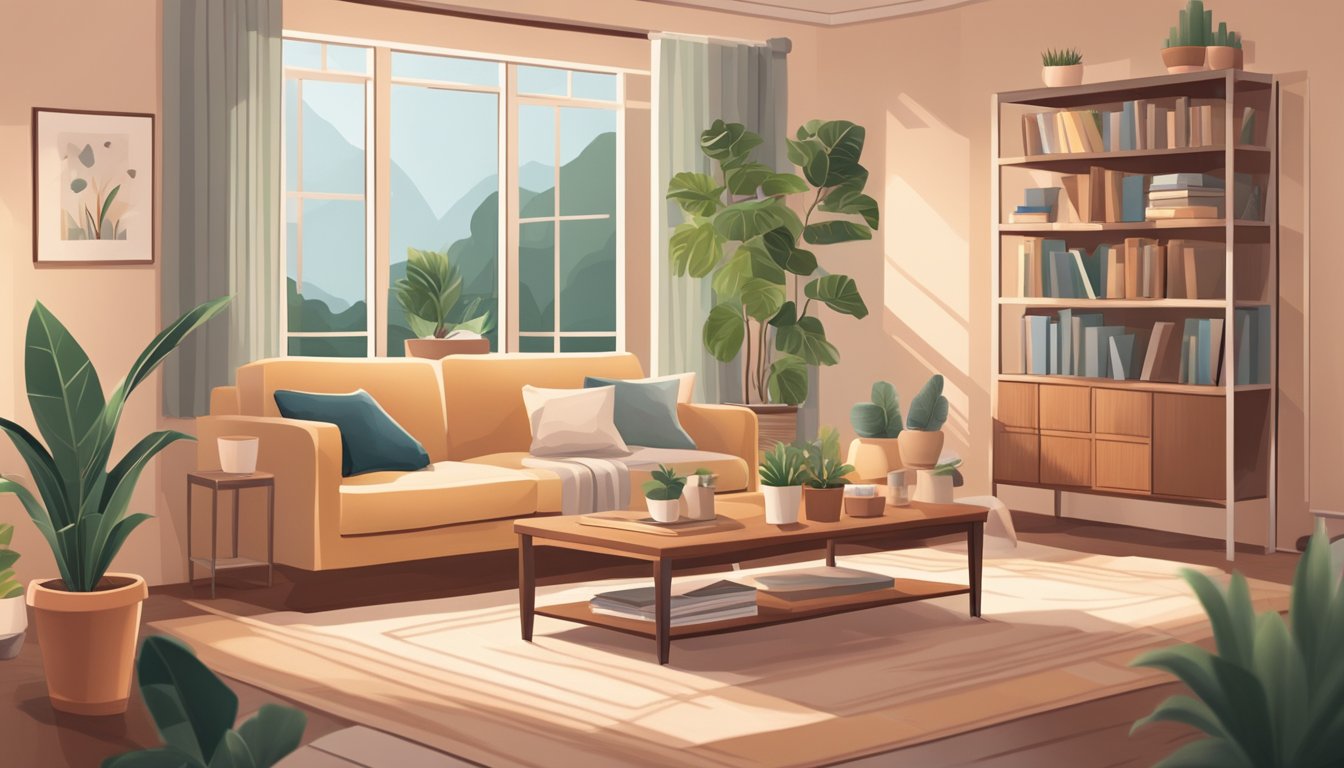 A cozy living room with soft lighting, comfortable furniture, and a warm color scheme. A stack of design books and a potted plant add to the inviting atmosphere