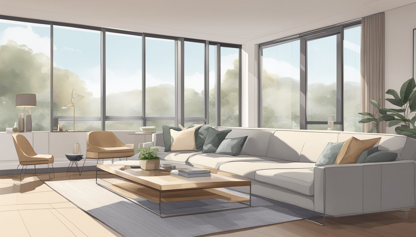 A modern interior with sleek furniture, clean lines, and a neutral color palette. Large windows let in natural light, creating a bright and airy atmosphere