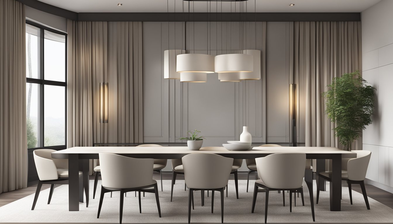 A sleek, minimalist dining room with a long, polished table surrounded by modern chairs. Clean lines and neutral colors create a contemporary atmosphere