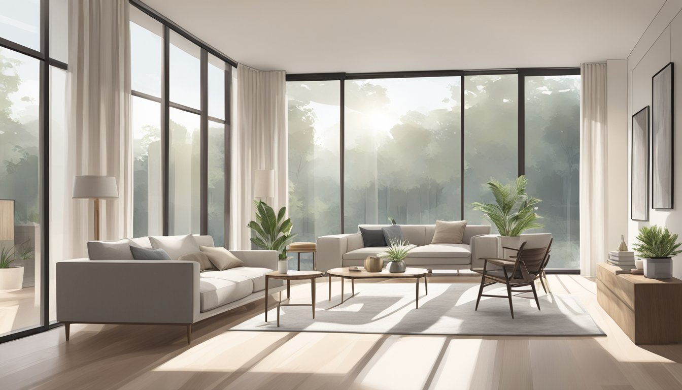 A spacious, modern interior with clean lines, minimalistic furniture, and abundant natural light streaming in through large windows. A neutral color palette creates a serene and inviting atmosphere