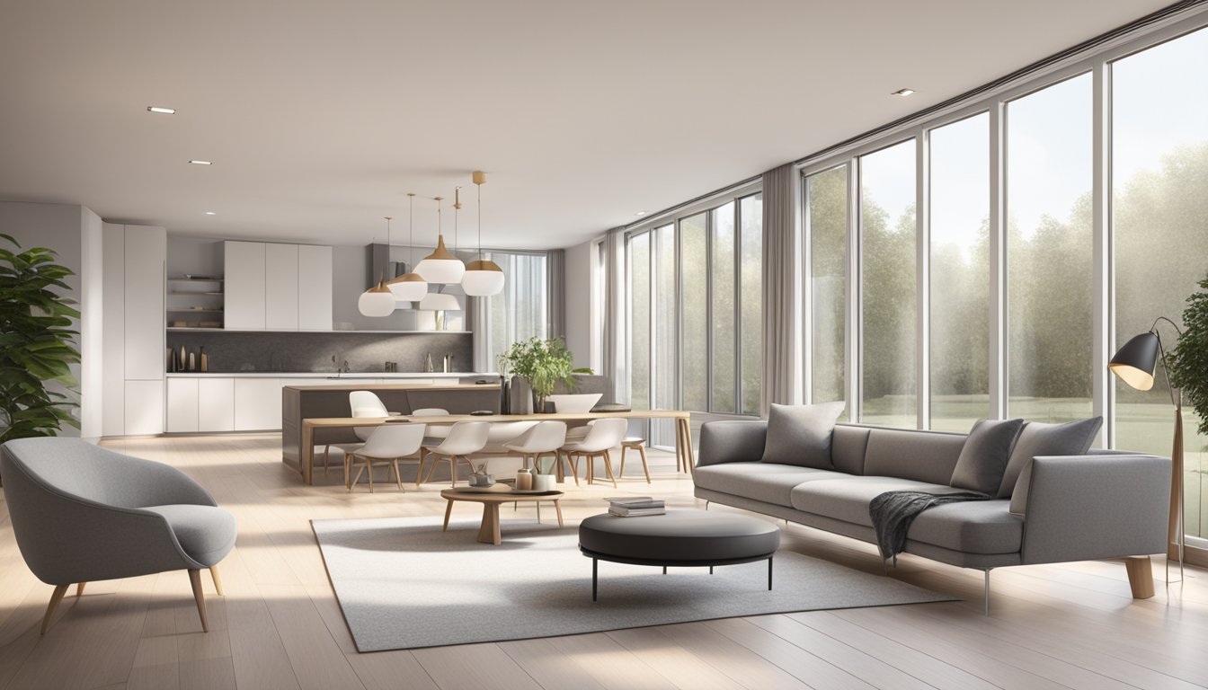 A modern interior with sleek furniture, clean lines, and a neutral color palette. Large windows allow natural light to flood the space, creating a sense of openness and tranquility