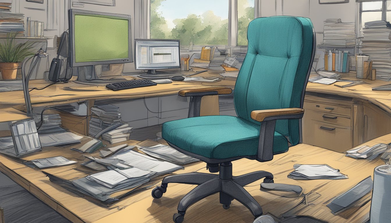A budget office chair sits at a cluttered desk, with worn armrests and a slightly tilted backrest. The fabric is frayed in some places, and the wheels are scuffed from years of use