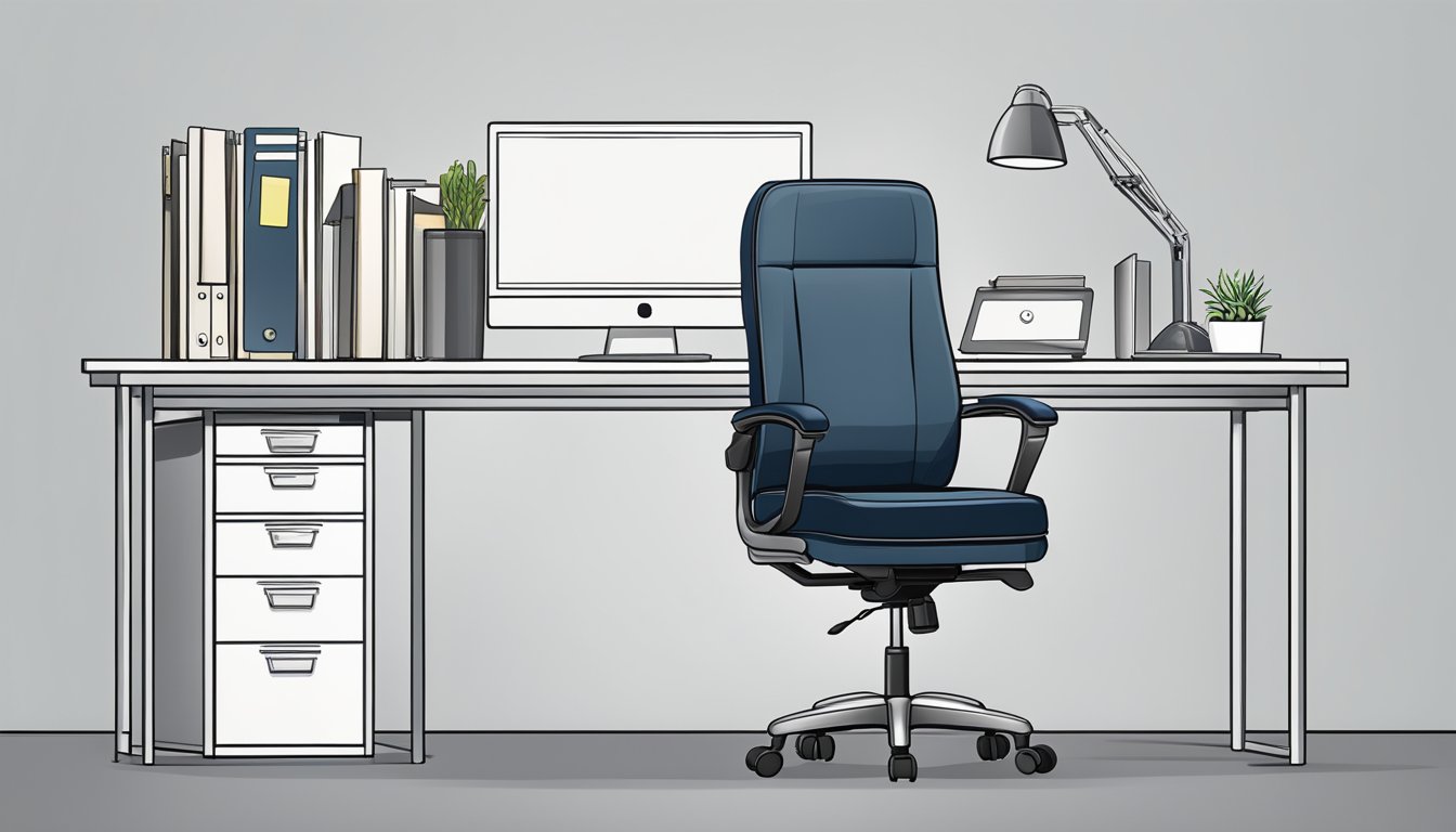 A budget office chair with adjustable height, padded seat, and armrests, set against a simple desk with a computer and files