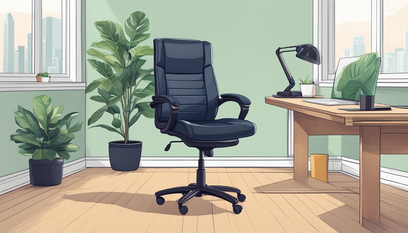 A modern, sleek office chair sits in a minimalist workspace, surrounded by a desk, computer, and potted plant