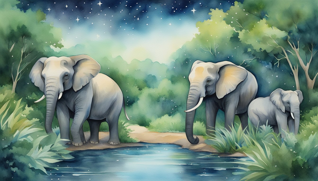 Elephants sleep peacefully under a starry sky, surrounded by lush greenery and the soothing sound of flowing water