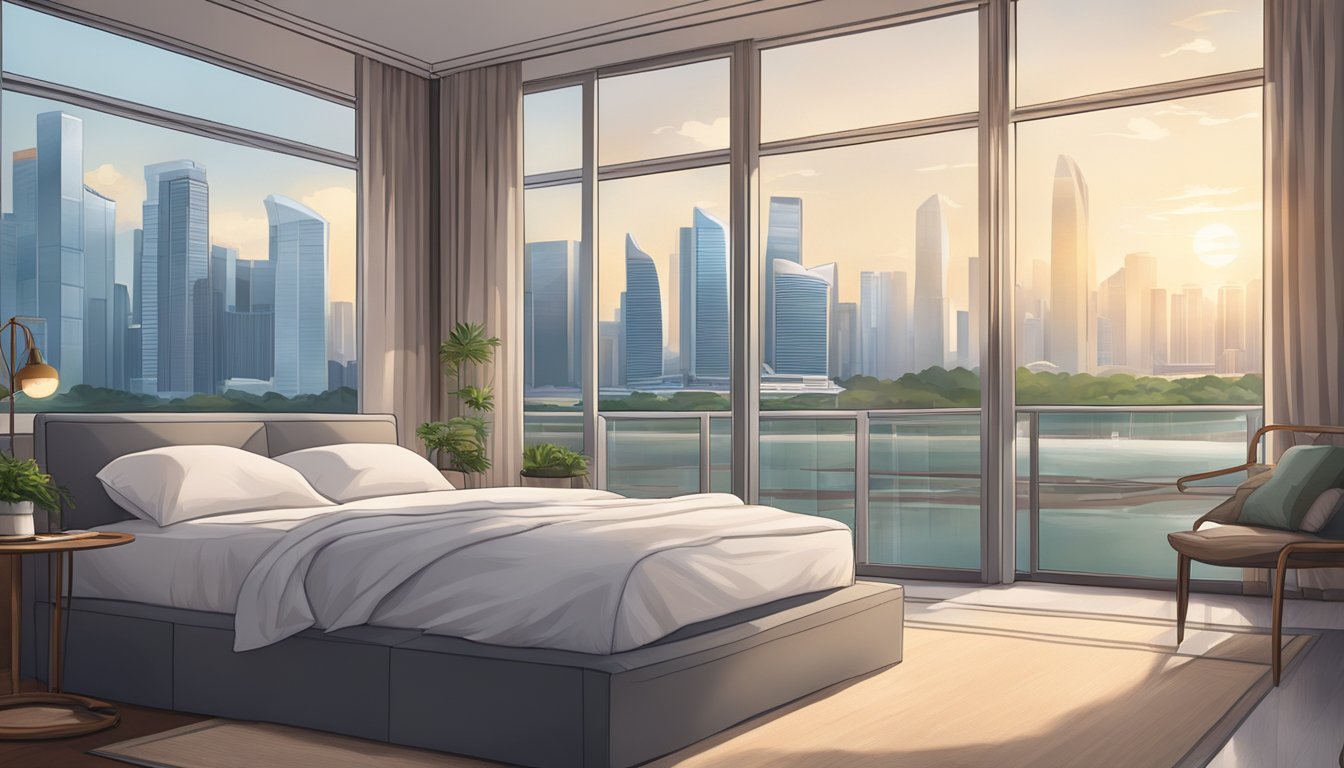 A serene bedroom with a fan gently blowing, a stack of cooling bed sheets in various colors and textures, and a view of the Singapore skyline through the window