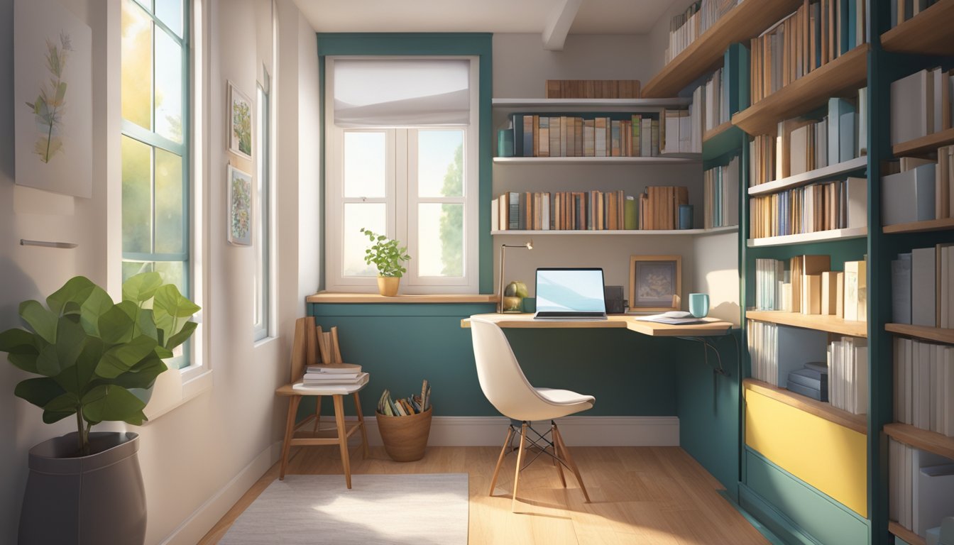 A small study room with a compact desk, shelves, and a cozy reading nook by the window, with natural light streaming in