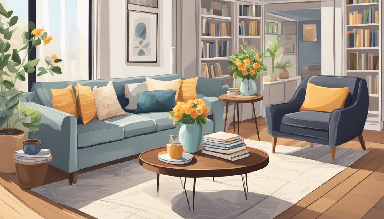 An oval coffee table sits in the center of a cozy living room, adorned with a vase of fresh flowers and a stack of books