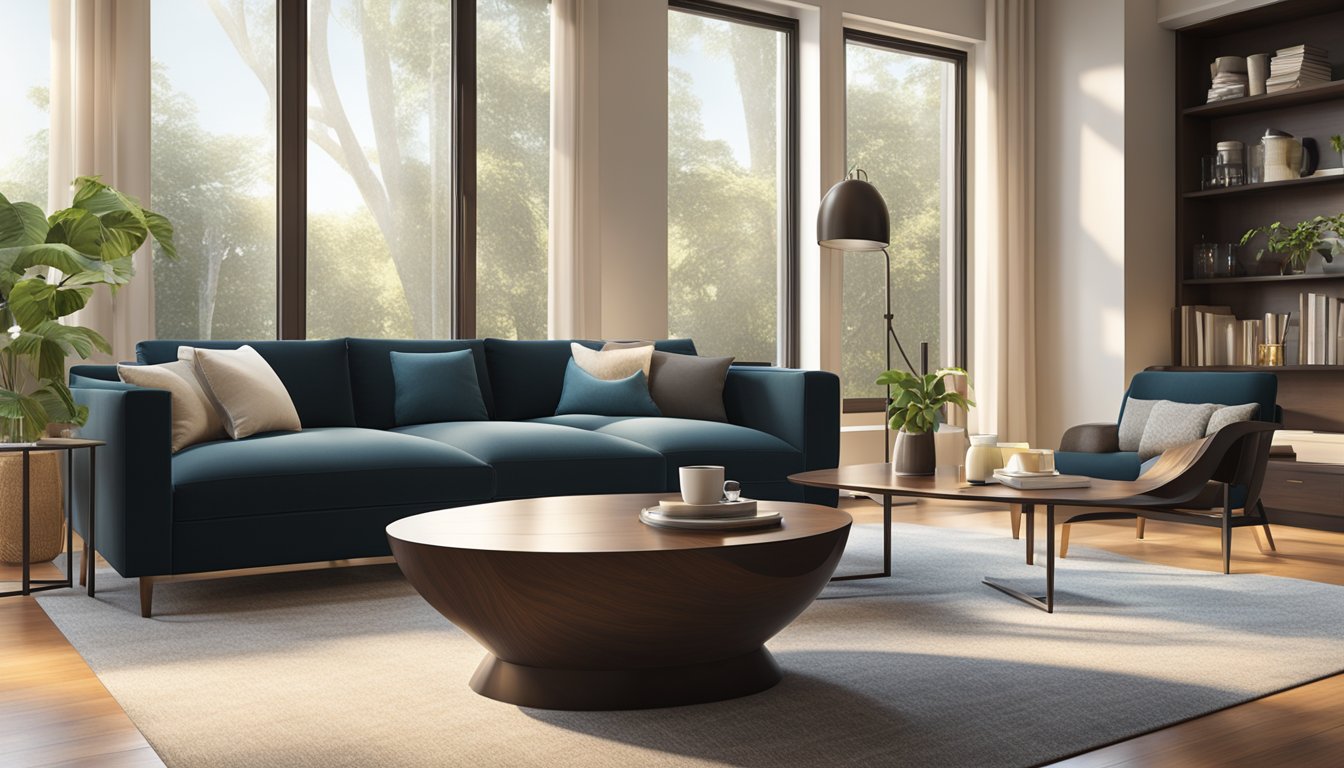 An oval coffee table, made of sleek, dark wood, sits in a sunlit living room, surrounded by modern furniture and a plush rug