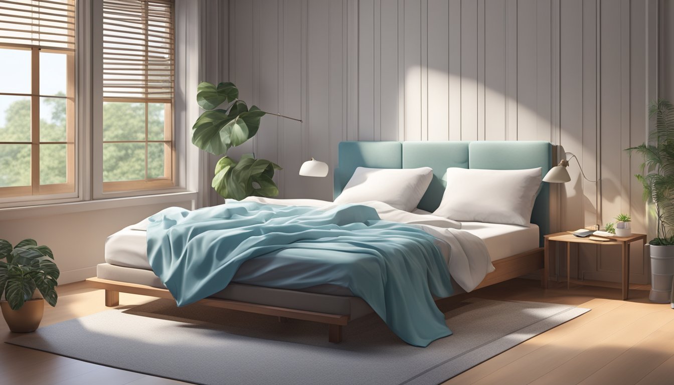 A bed with cooling sheets neatly spread, surrounded by a fan and open windows, creating a comfortable and cool sleeping environment