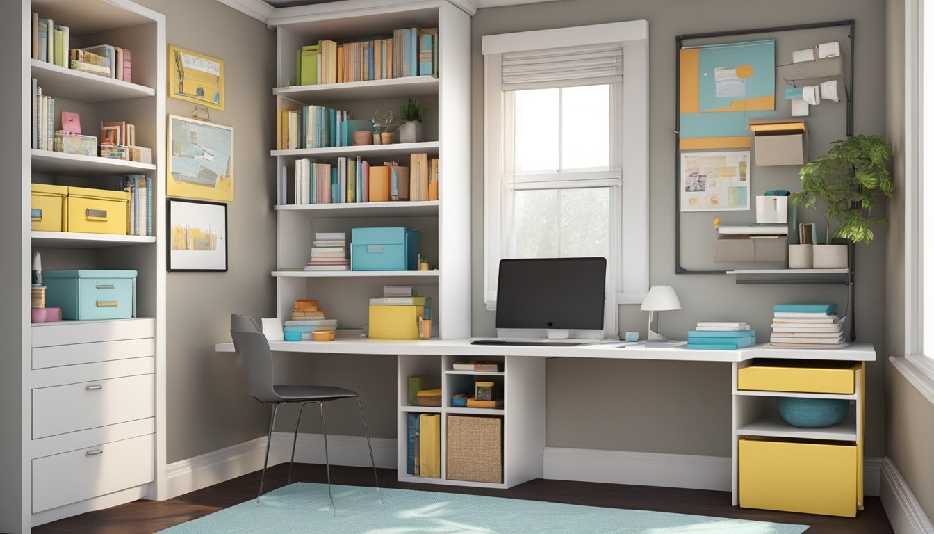 A small study room with wall-mounted shelves, under-desk storage, and a fold-out desk to maximize space. A bookcase with built-in drawers and a multi-functional storage ottoman complete the clever storage solutions