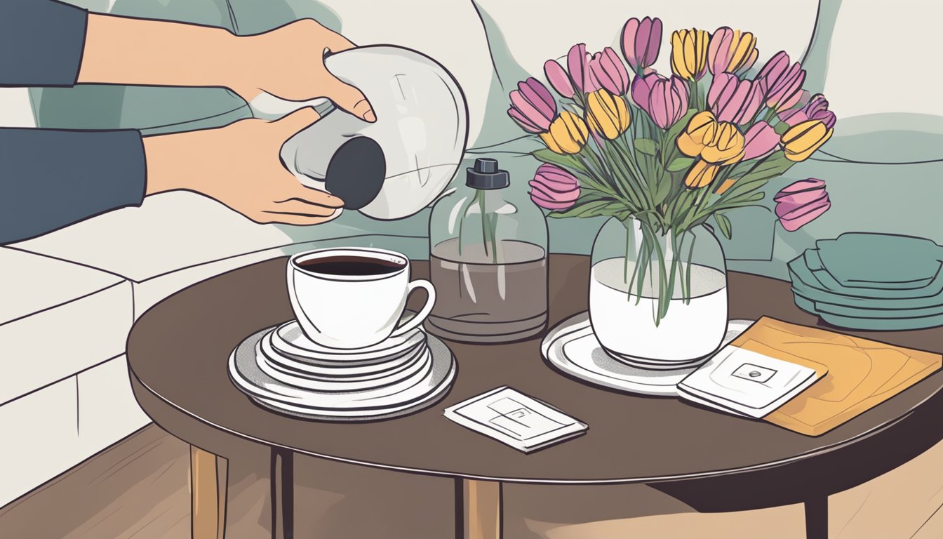 A hand placing coasters on an oval coffee table, next to a vase of flowers. A cloth and spray bottle sit nearby for maintenance