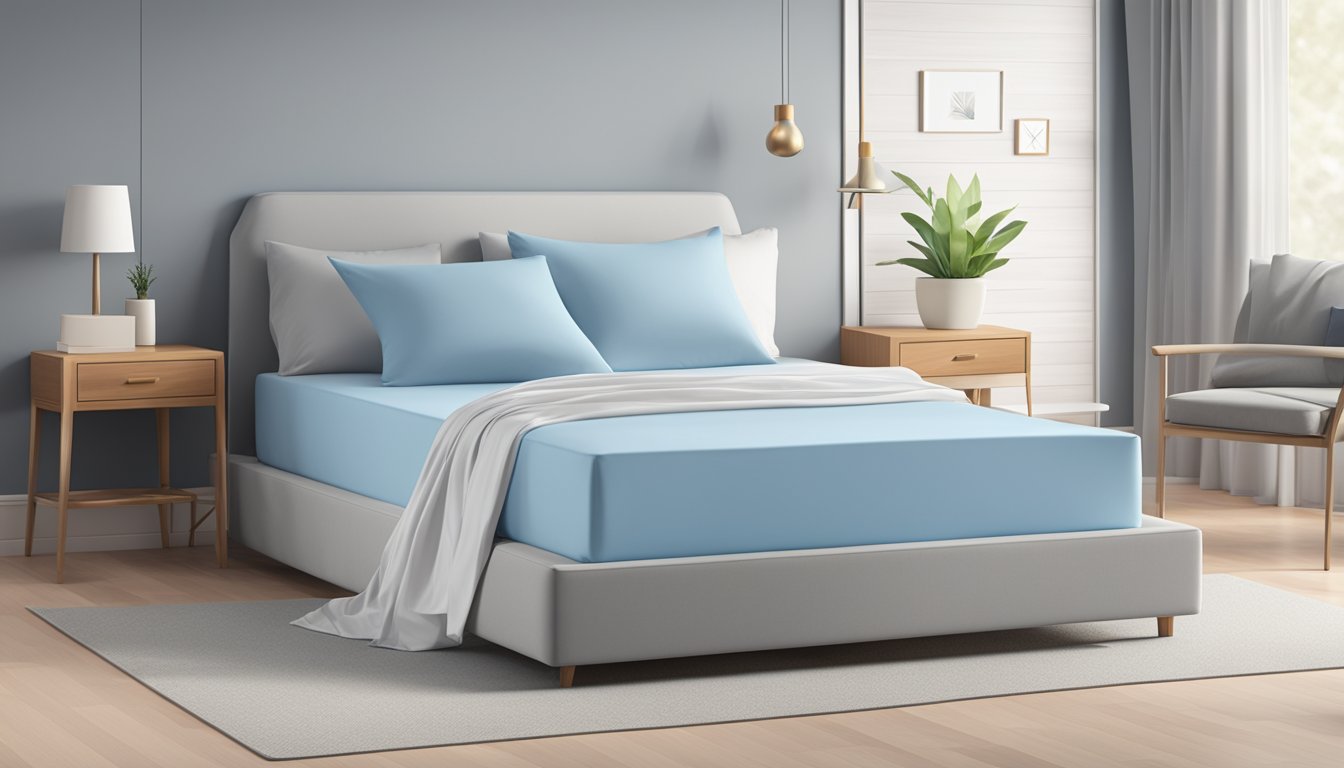 A stack of cooling bed sheets with a "Frequently Asked Questions" label, set against a backdrop of a modern bedroom with a sleek and minimalist design