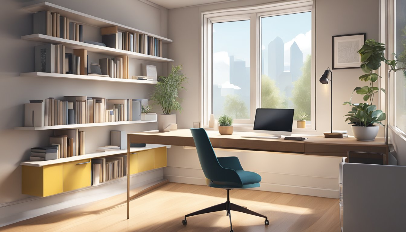 A small study room with a sleek desk, ergonomic chair, floating shelves, and a wall-mounted bookcase. Natural light streams in through a window, illuminating the modern decor and minimalist design